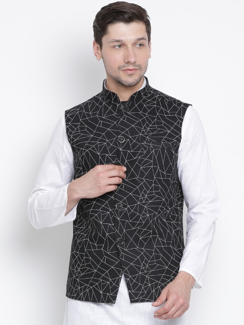 

VASTRAMAY Men Black Printed Pure Cotton Nehru Jacket
