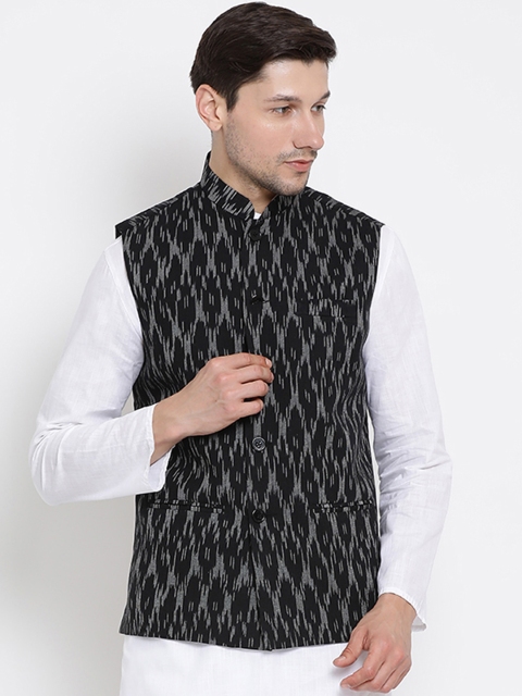 

VASTRAMAY Men Black Woven Design Pure Cotton Nehru Jacket