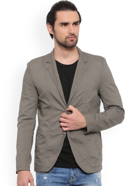 

SHOWOFF Men Olive Green Solid Slim-Fit Single-Breasted Pure Cotton Blazer