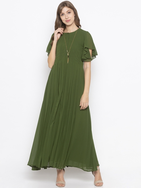 Iti Women Olive Green Solid Maxi Dress