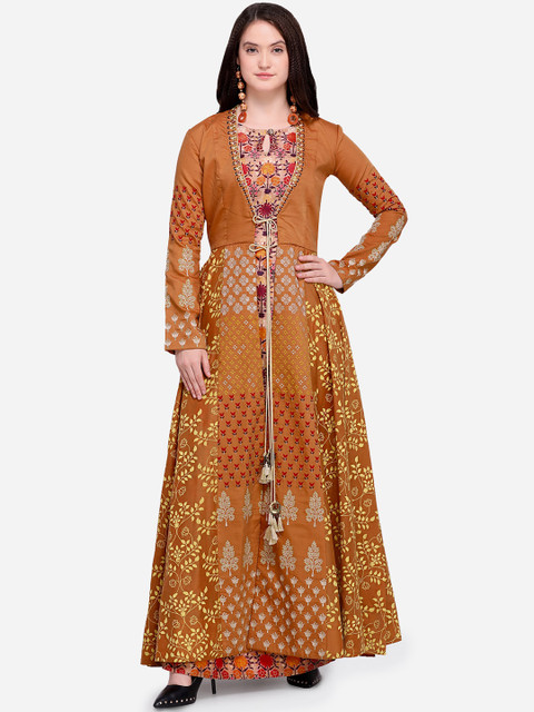 

Stylee LIFESTYLE Rust Brown Art Silk Semi-Stitched Dress Material