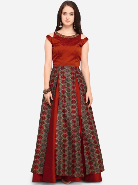 

Stylee LIFESTYLE Rust Red Satin Semi-Stitched Gown Material