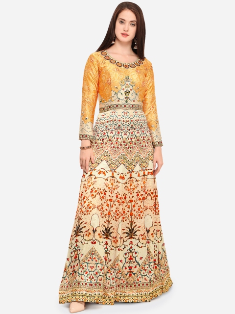 

Stylee LIFESTYLE Cream-Coloured & Yellow Satin Semi-Stitched Gown Material