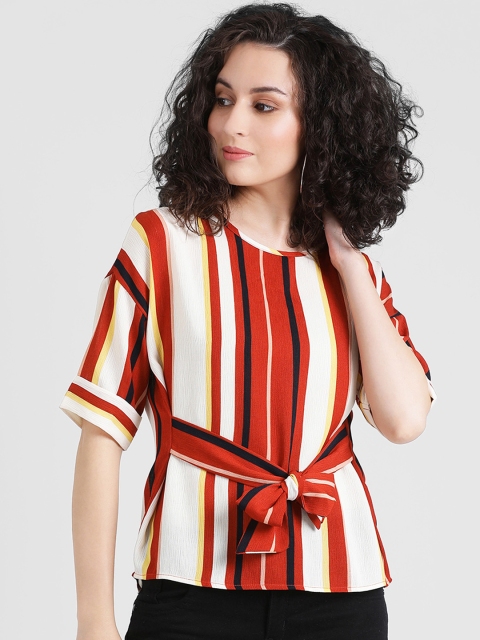 

Zink London Women Multicoloured Striped Cinched Waist Top, Cream