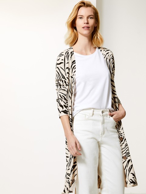 

Marks & Spencer Women Beige & Black Printed Open Front Shrug