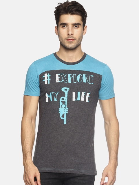 

Masculino Latino Men Turquoise Blue & Grey Printed Round Neck T-shirt