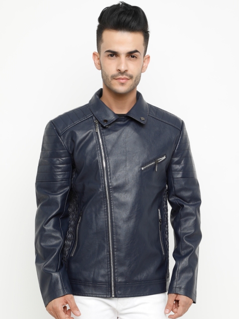 

SHOWOFF Men Navy Blue Solid Leather Jacket