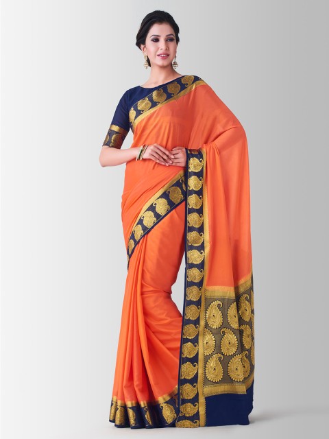

MIMOSA Orange & Blue Poly Crepe Solid Mysore Silk Saree