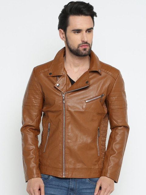 

SHOWOFF Men Tan Brown Solid Biker Jacket