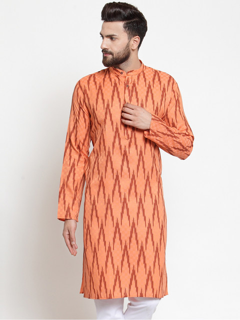 

Jompers Men Orange Printed Straight Kurta