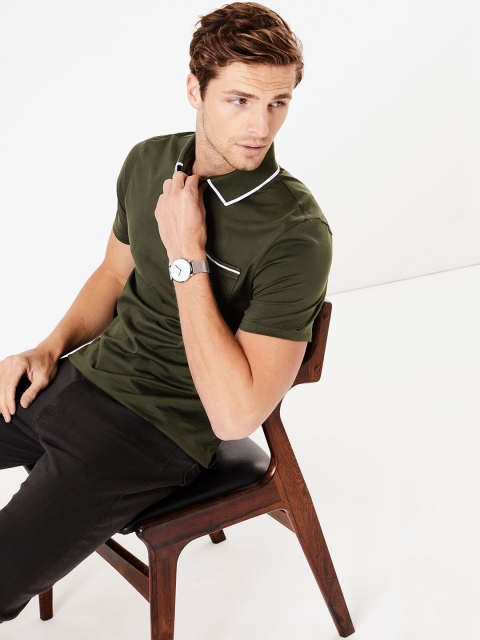 

Marks & Spencer Men Olive Green Solid Polo Collar T-shirt