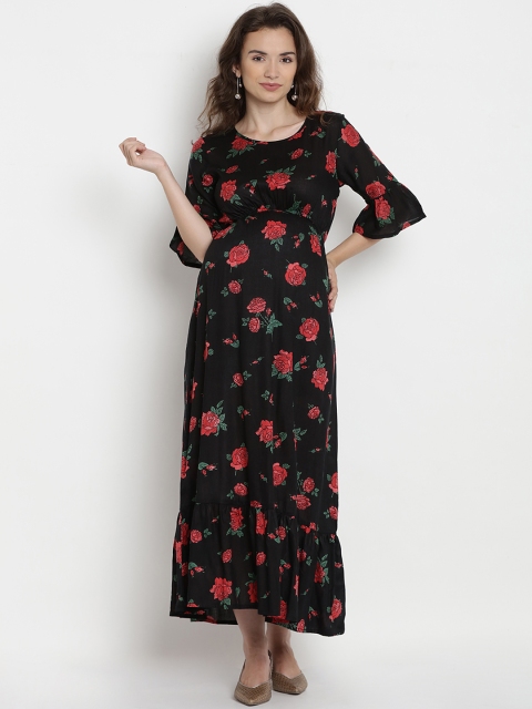 

Mine4Nine Women Black & Red Floral Printed Maternity Maxi Dress