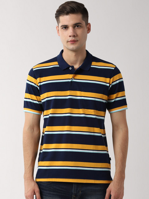 

Peter England Casuals Men Navy Blue Striped Polo Collar T-shirt