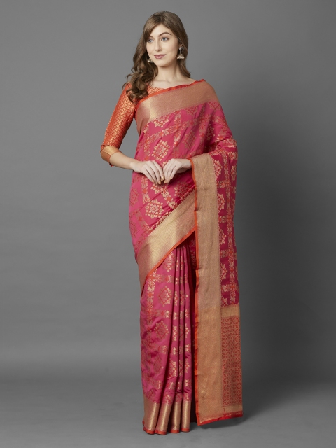 

Mitera Pink & Orange Silk Blend Woven Design Banarasi Saree