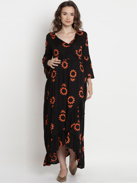 

Mine4Nine Women Black Floral Print Maternity Maxi Dress