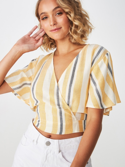 

COTTON ON Women Yellow & White Striped Wrap Top