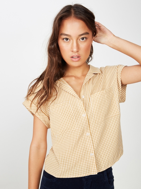 

COTTON ON Women Yellow Checked & White Linen Shirt Style Top