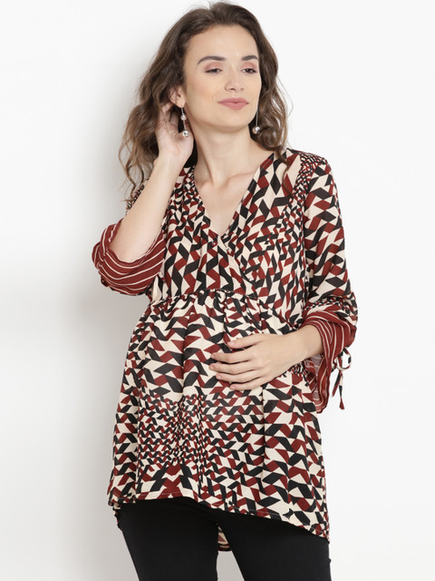 

Mine4Nine Women Brown & Black Printed Maternity Wrap Top