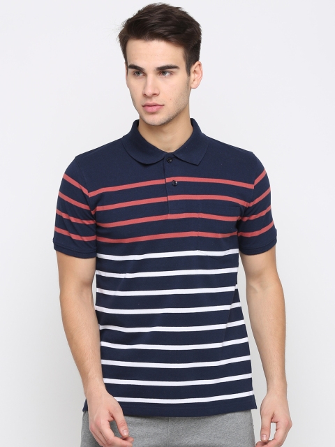 

BULLMER Men Navy Blue & White Striped Polo Collar T-shirt