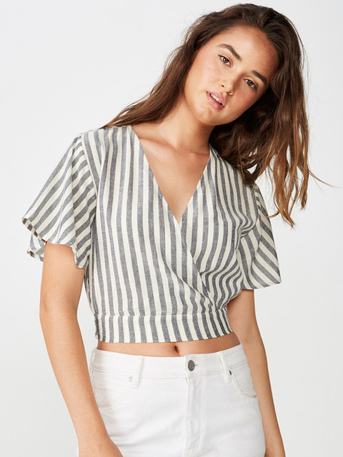 

COTTON ON Women Grey & Off-White Striped Wrap Top