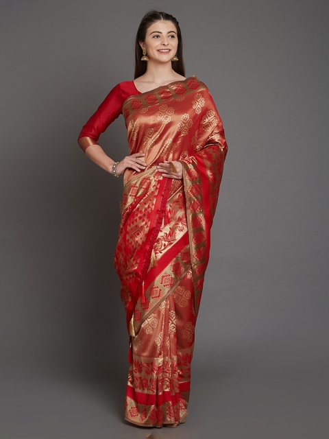 

Mitera Red & Gold-Toned Silk Blend Woven Design Kanjeevaram Saree