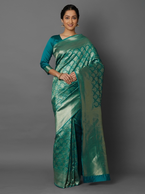 

Mitera Turquoise Blue & Gold-Toned Silk Blend Woven Design Kanjeevaram Saree