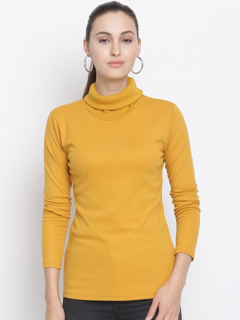

Chkokko Women Mustard Yellow Solid Turtle Neck T-shirt