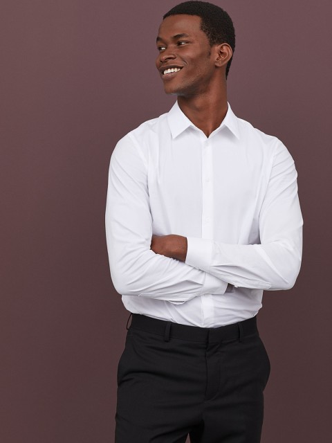 

H&M Men White Solid Shirt Muscle Fit
