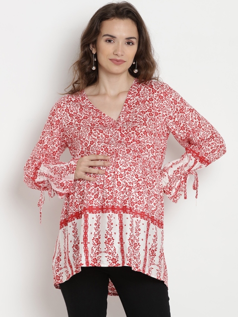 

Mine4Nine Women Red & White Printed Maternity Wrap Top