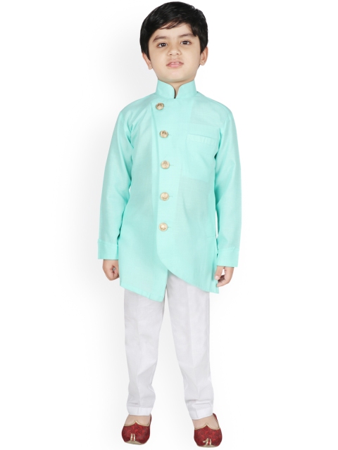 

SG YUVRAJ Boys Sea Green & White Brocade Weave Solid Kurta with Trousers