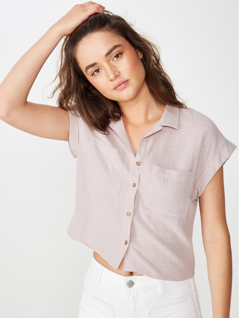 COTTON ON Women Lavender Solid Linen Shirt Style Top