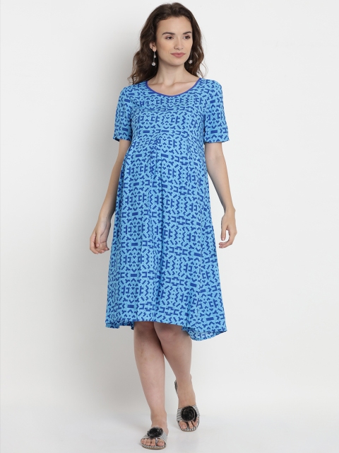

Mine4Nine Women Blue Printed Maternity A-Line Dress