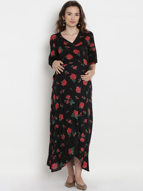 

Mine4Nine Women Black & Red Printed Maternity Maxi Dress