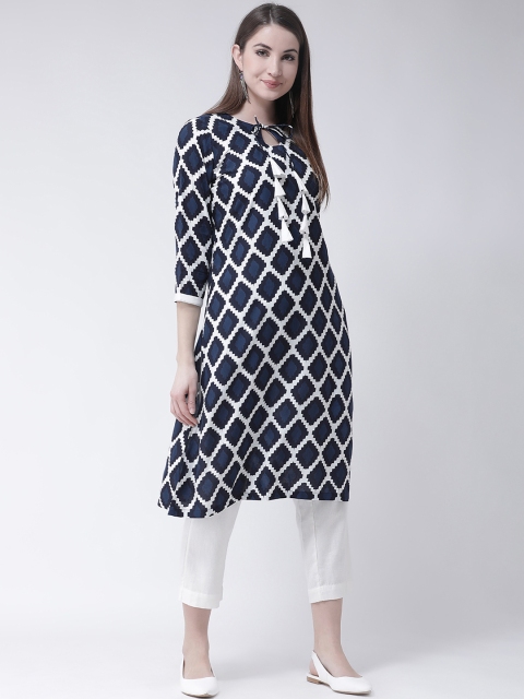 

Aayna Women Navy Blue & White Printed Straight Kurta