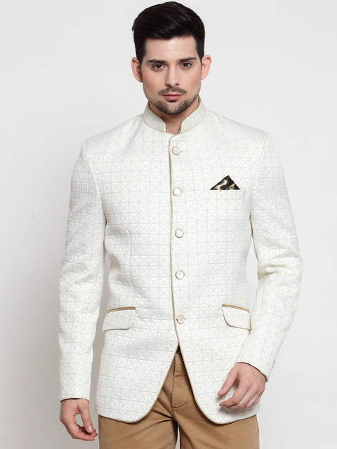 

LUXURAZI Men White Checked Slim-Fit Bandhgala Blazer