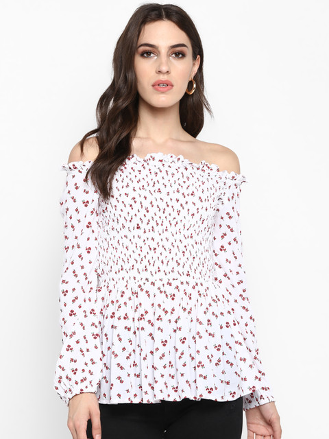 

MIAMINX Women White Printed Smocked Bardot Top