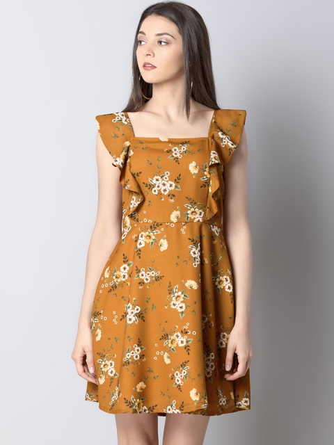 

FabAlley Women Mustard Yellow & Beige Printed Fit and Flare Dress