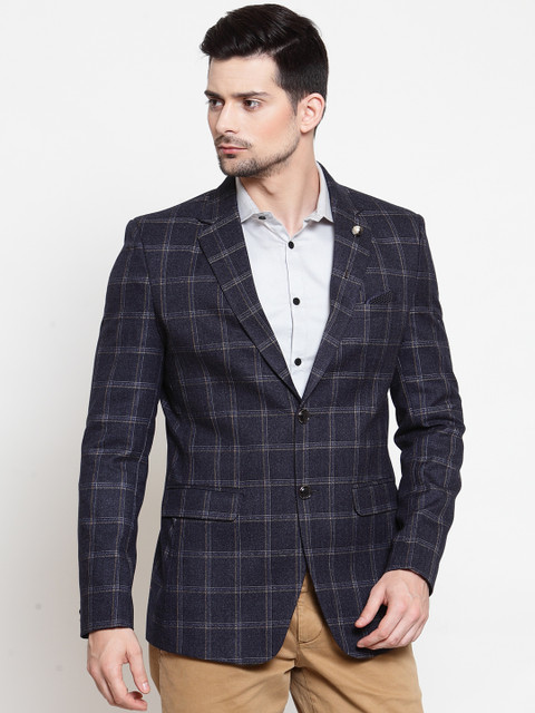 

LUXURAZI Men Grey Checked Slim Fit Single-Breasted Blazer