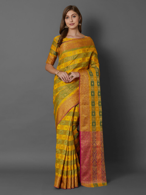 

Mitera Yellow & Gold-Coloured Silk Blend Woven Design Banarasi Saree
