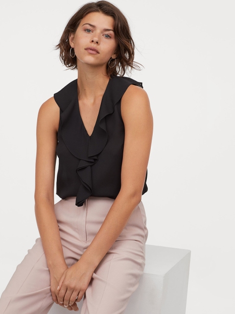 

H&M Women Black Solid Sleeveless Flounced Blouse