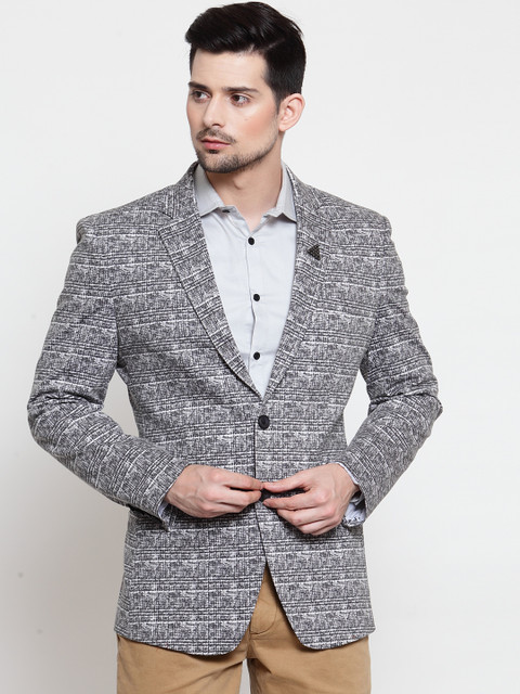 

LUXURAZI Men Grey Checked Slim Fit Single-Breasted Blazer