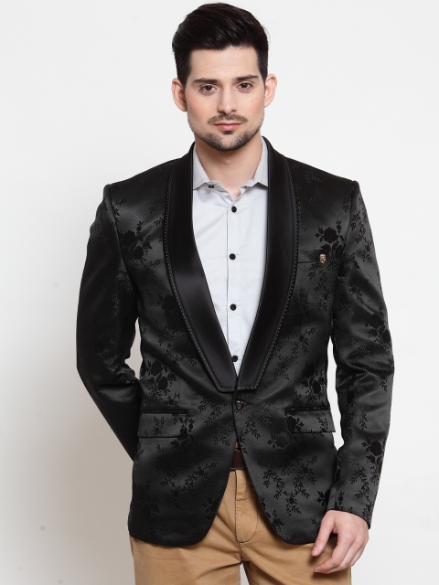 

LUXURAZI Men Black Self-Design Slim Fit Tuxedo Blazer
