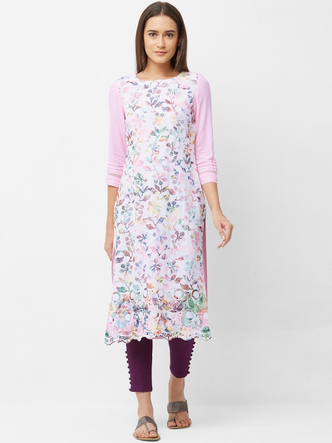 

Naari Women Pink & White Floral Print Straight Kurta
