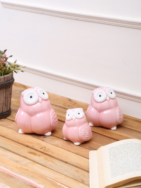 

TAYHAA Set of 3 Pink Owls Ceramic Showpiece