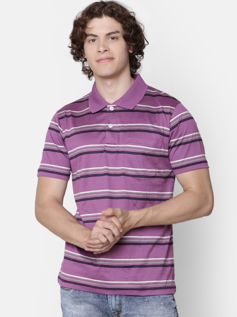 IMYOUNG Men Purple Striped Polo Collar T-shirt