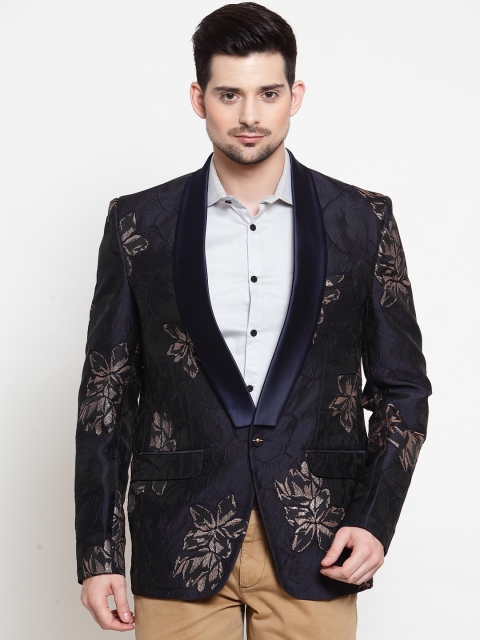 

LUXURAZI Men Navy Blue Self-Design Slim Fit Tuxedo Blazer