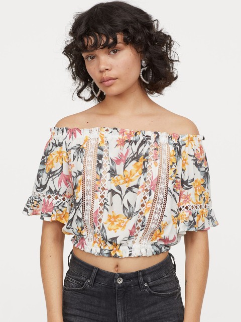 

H&M Women White Tropical Printed Off-The-Shoulder Blouse
