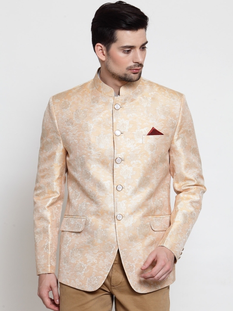 

LUXURAZI Men Beige Self-Design Slim-Fit Bandhgala Blazer