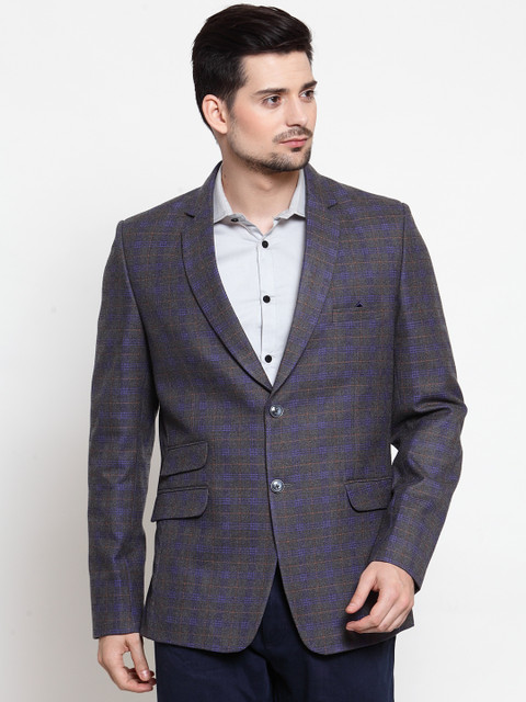 

LUXURAZI Men Blue & Grey Checked Slim Fit Single-Breasted Blazer