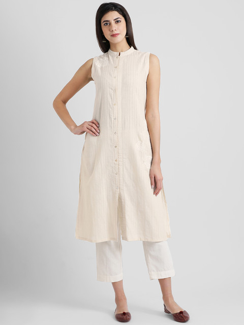 

Aayna Women Off-White Embroidered Straight Kurta